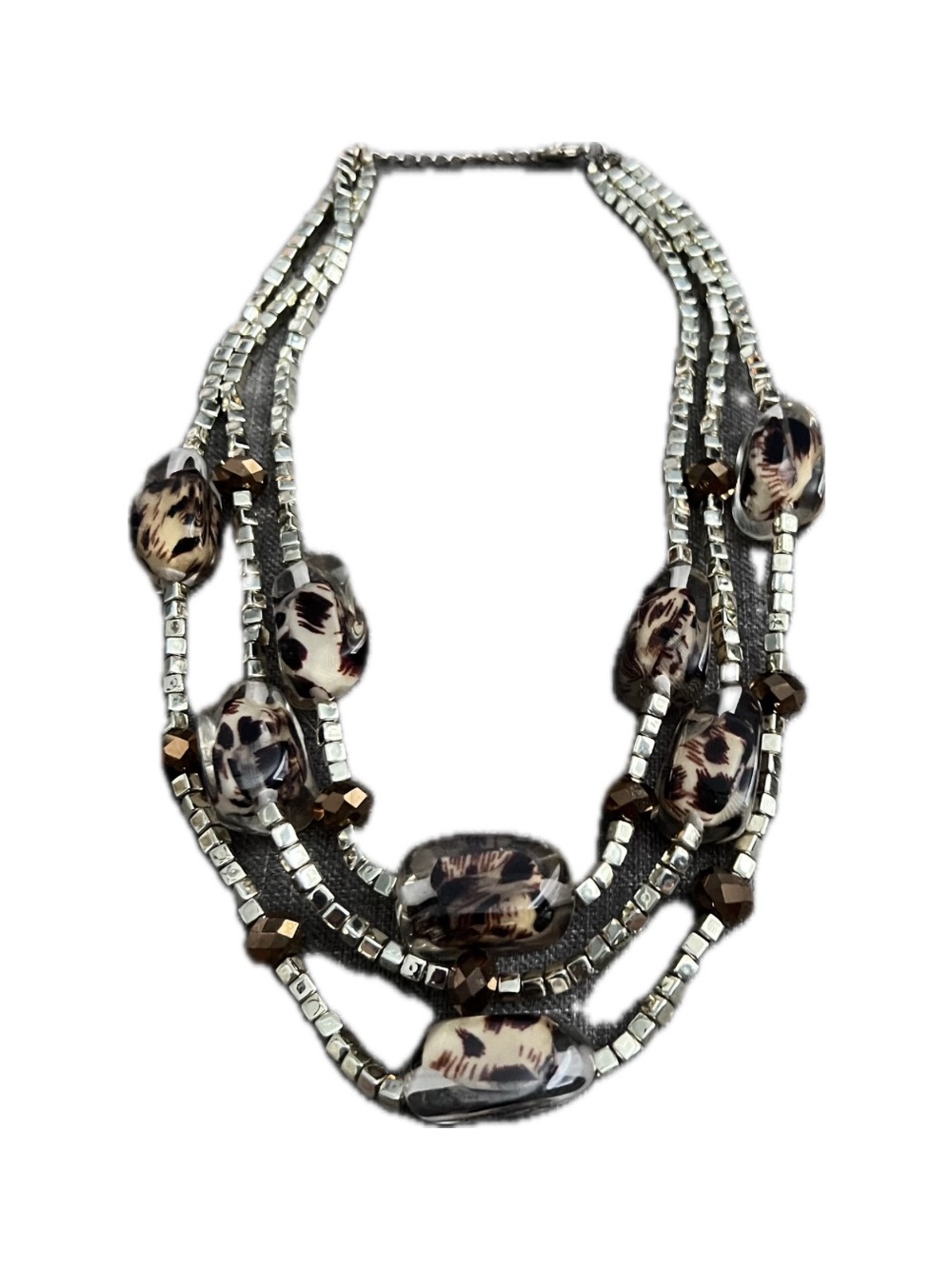 Multi-Strand Beaded Necklace in Brown and Silver
